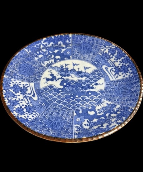明治-大正 古伊万里 印判皿 染付 風景草花文図 イゲ皿 丸皿 平皿 飾皿 時代物 骨董品 アンティーク