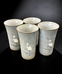 【4客セット】 橘吉 さぎ絵 陶コップ 鷺 時代物 湯呑み 酒器 和食器 陶器 骨董品 アンティーク