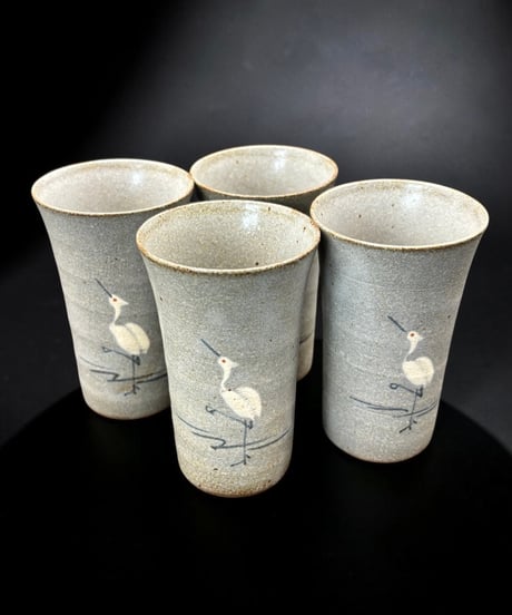 【4客セット】 橘吉 さぎ絵 陶コップ 鷺 時代物 湯呑み 酒器 和食器 陶器 骨董品 アンティーク