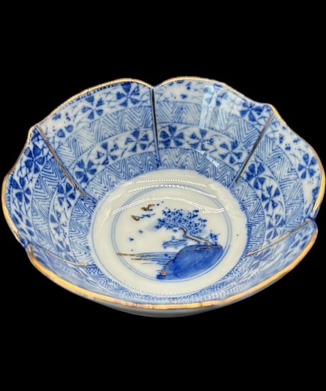 【6客セット】 古伊万里 金彩 染付 小鉢 風景図 輪花皿 向付 鉢 和食器 陶器 時代物 骨董品 アンティーク