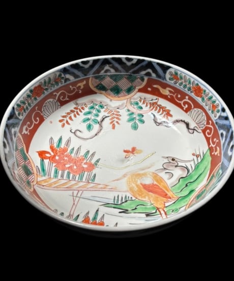江戸期 古伊万里 色絵 大鉢 鳥蝶草花文図 金継ぎ 染錦 鉢 飾皿 和食器 陶器 時代物 骨董品 アンティーク