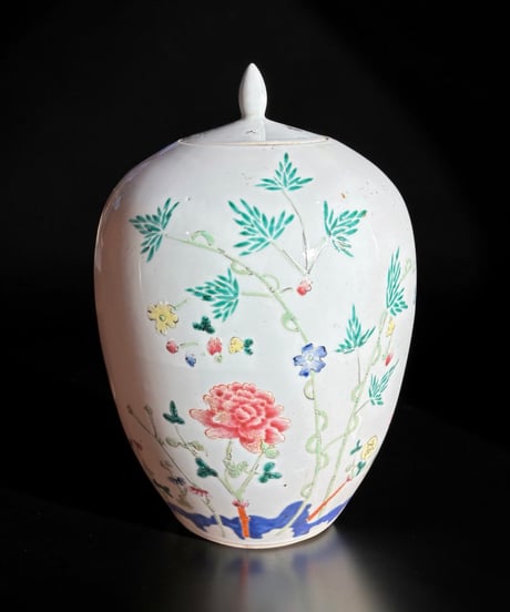 中国磁器 色絵 蓋付き壺 草花文図 民国 花瓶 花入れ 牡丹 花器 丸壺 ジャー 陶器 中国 古美術 骨董品 アンティーク