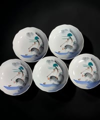 【5客セット】昭和前期 古伊万里 色絵 なます皿 山水風景図 丸皿 小皿 時代物 和食器 骨董品 アンティーク