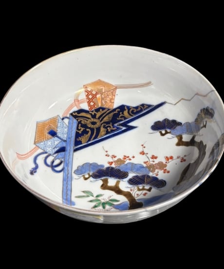 江戸後期 古伊万里 金彩 染付 大鉢 松竹梅文図 鉢 取り皿 飾り皿 陶器 時代物 骨董品 アンティーク