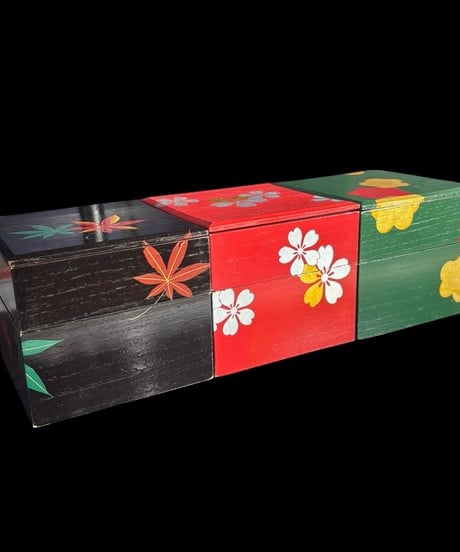 薩摩 二段重 漆塗 色絵 金彩 紅葉 梅 重箱 共箱 時代物 古美術 和食器 昭和 レトロ 骨董品 アンティーク