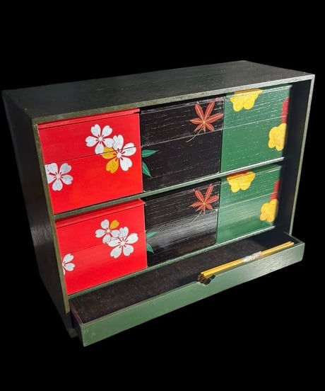 薩摩 二段重 漆塗 色絵 金彩 紅葉 梅 重箱 共箱 時代物 古美術 和食器 昭和 レトロ 骨董品 アンティーク