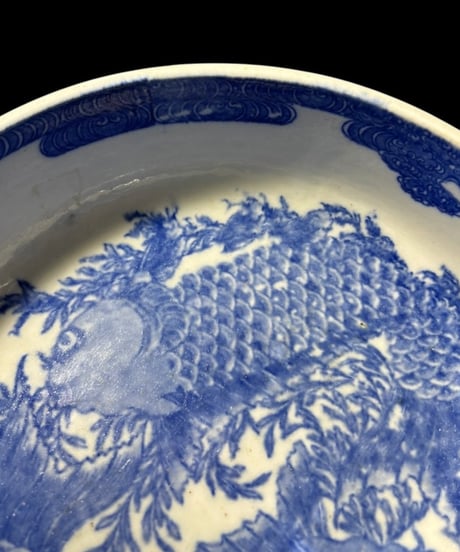 守本製造 古伊万里 染付 大鉢 鯉草文様 印判 盛り皿 鉢 飾皿 古伊万里 古美術 時代物 和食器 骨董品 アンティーク