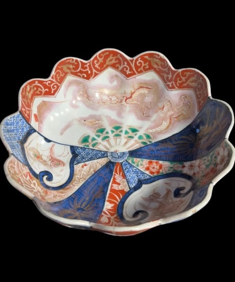 明治期 冨貴長春 古伊万里 輪花鉢 龍草花文図 金彩 色絵 鉢 飾皿 陶器 時代物 骨董品 アンティーク