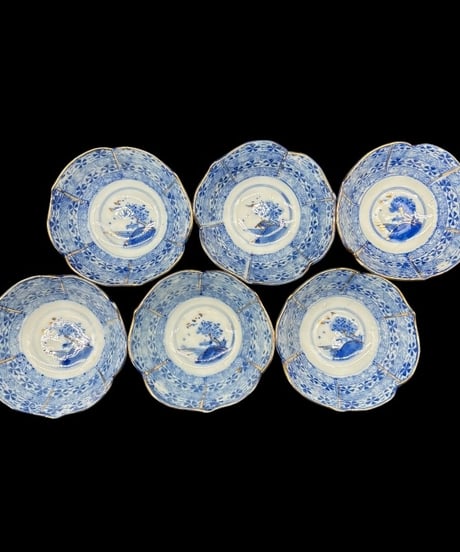 【6客セット】 古伊万里 金彩 染付 小鉢 風景図 輪花皿 向付 鉢 和食器 陶器 時代物 骨董品 アンティーク