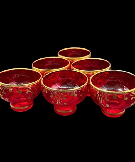 【6客セット】 ベネチアングラス ミニグラス 赤 金彩 ガラス お猪口 酒器 昭和 レトロ 工芸品 アンティーク