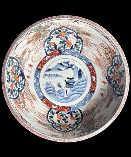 江戸期 古伊万里 大鉢 山水風景文図 錦手 色絵 鉢 取り皿 飾り皿 陶器 時代物 骨董品 アンティーク