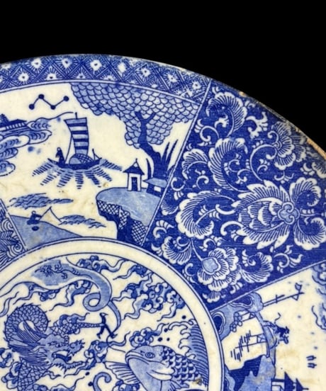 明治期 古伊万里 印判皿 染付 龍鯛風景草花文図 丸皿 大皿 飾皿 時代物 骨董品 アンティーク