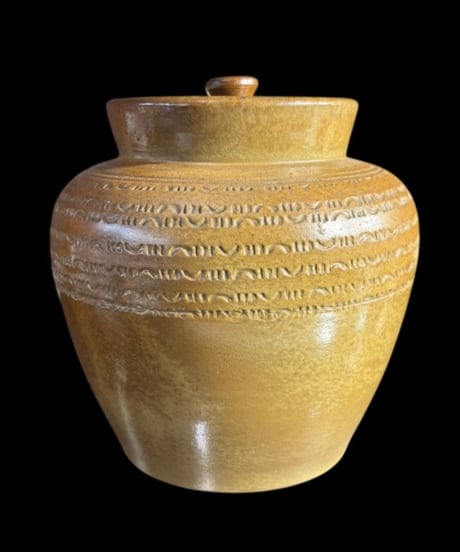 小鹿田焼 蓋付き壺 飴釉 茶壺 花瓶 丸壺 花器 陶器 古美術 時代物 骨董品 アンティーク