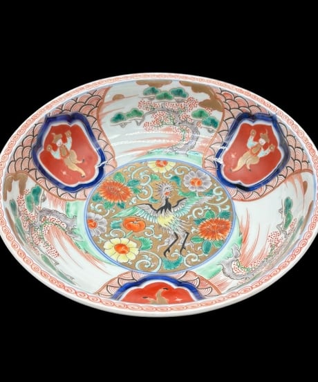 江戸後期 古伊万里 錦手金彩大鉢 鳳凰 唐子 松竹梅草花文図 窓絵 色絵 鉢 取り皿 飾り皿 陶器 時代物 骨董品 アンティーク
