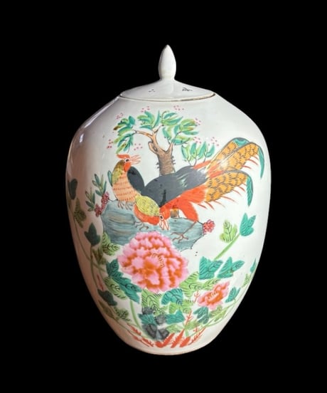 中国磁器 色絵 蓋付き壺 鳥草花文図 民国 花瓶 花入れ 孔雀 牡丹 花器 丸壺 ジャー 陶器 中国 古美術 骨董品 アンティーク