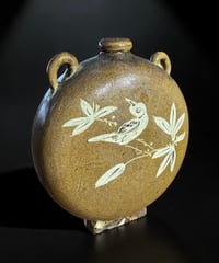 中国美術 扁壺 鳥 文字 一輪挿し 壺 中国雑貨 花瓶 花入れ 丸壺 花器 陶器 中国 古美術 時代物 骨董品 アンティーク