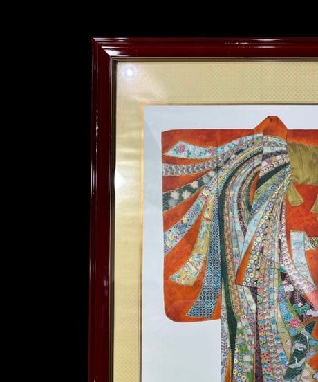 重要文化財 紅紋縮緬地束熨斗模様振袖 額装 風景 壁掛 振袖 絵画 アート 雑貨 江戸時代 インテリア アンティーク コレクション
