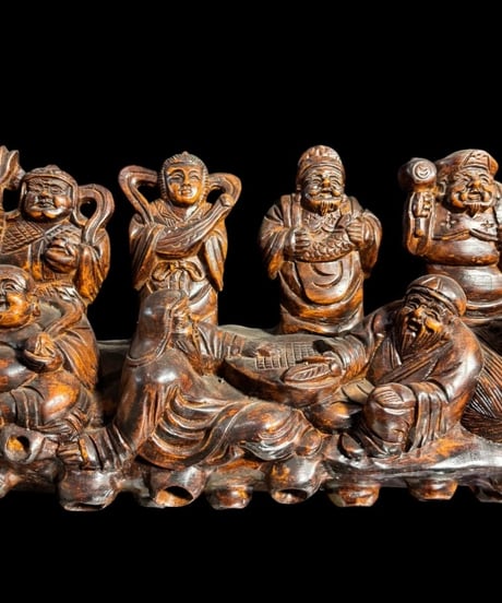 木彫 七福神宝船 龍船 木製 開運 縁起物 彫刻 仏像 古美術 インテリア 置物 オブジェ アンティーク
