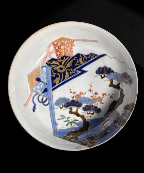 江戸後期 古伊万里 金彩 染付 大鉢 松竹梅文図 鉢 取り皿 飾り皿 陶器 時代物 骨董品 アンティーク