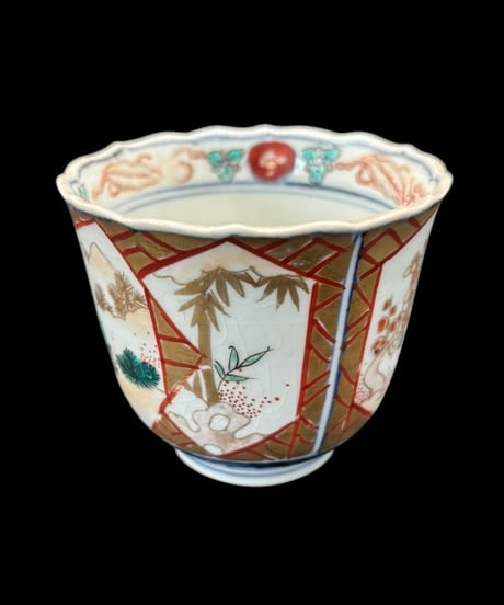 【3客セット】 時代物 古伊万里 湯呑み 金彩 色絵 冨貴長春 松竹梅 赤絵 蕎麦猪口 和食器 貫入 陶器 骨董品 アンティーク