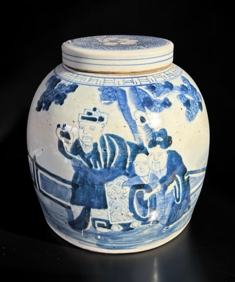 中国磁器 染付 蓋付き壺 青花人物文図 花入れ 花器 丸壺 陶器 中国 古美術 骨董品 アンティーク