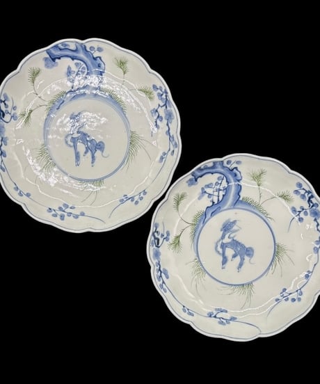 【2枚セット】 明治期 古伊万里 染付 梅 麒麟 大皿 伊万里 時代物 陶器 骨董品 アンティーク