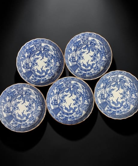 【5客セット】有田焼 光窯 染付 輪花皿 小皿 松竹梅 吉祥文 丸皿 時代物 和食器 陶芸 骨董品 アンティーク