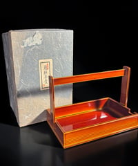 飛騨特産 春慶塗 木製 手提げ盆 朱塗 菓子器 角盆 お盆 菓子盆 盆 漆 レトロ 伝統工芸 骨董品 アンティーク