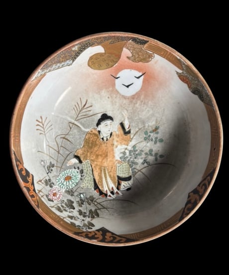 明治時代 九谷製 菊人物草花文図 金彩 色絵 丸皿 九谷焼 盛り皿 飾皿 古美術 和食器 骨董品 アンティーク