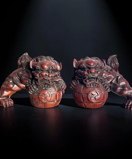 玉獅子 阿吽 玉乗り レッド 狛犬 魔除け 置物 コレクション オブジェ 古美術 骨董品 アンティーク