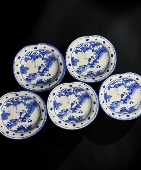 【5客セット】 美濃焼 翔山窯 染付 小皿 羅漢図 銘々皿 丸皿 和食器 陶器 古伊万里 時代物 骨董品 アンティーク