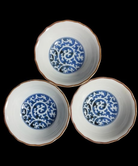 【3客セット】美濃焼 藍染 蛸唐草 小皿 染付 丸皿 銘々皿 時代物 和食器 陶芸 骨董品 アンティーク