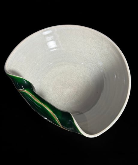 九谷 政山 緑釉 変形鉢 在銘 変形皿 九谷焼 ボウル 飾皿 古美術 和食器 骨董品 アンティーク