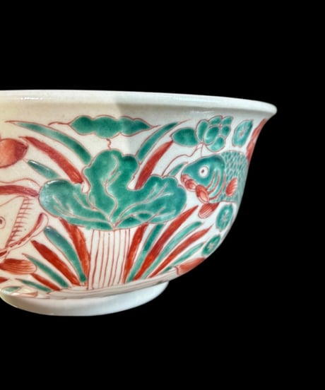 中国美術 大鉢 魚藻文図 赤絵 鯉 菓子鉢 色絵 中国 飾皿 和食器 陶磁器 時代物 骨董品 アンティーク