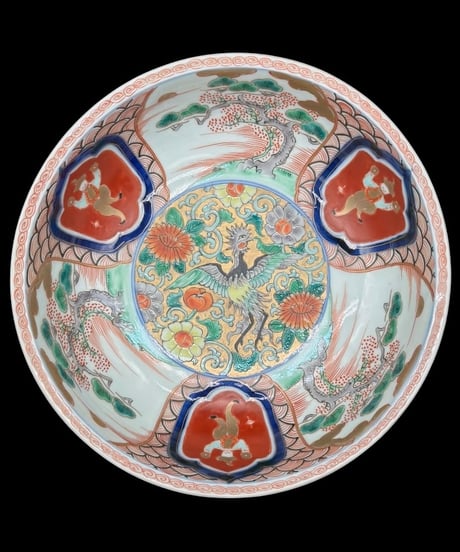 江戸後期 古伊万里 錦手金彩大鉢 鳳凰 唐子 松竹梅草花文図 窓絵 色絵 鉢 取り皿 飾り皿 陶器 時代物 骨董品 アンティーク
