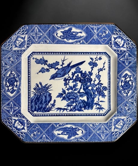 勢州窯 古伊万里 印判 八角皿 鳥梅草花文図 縁起物 絵皿 角皿 飾皿 時代物 骨董品 アンティーク