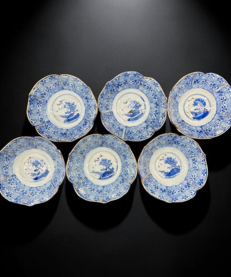 【6客セット】 古伊万里 金彩 染付 小鉢 風景図 輪花皿 向付 鉢 和食器 陶器 時代物 骨董品 アンティーク
