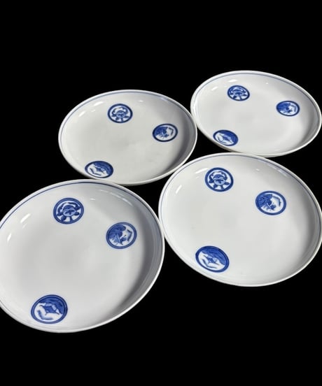【4客セット】 江戸期 古伊万里 染付 丸紋 小皿 丸皿 銘々皿 和食器 陶器 時代物 骨董品 アンティーク