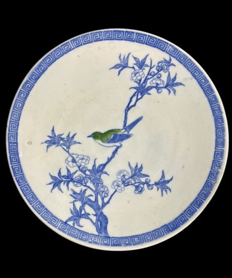 昭和初期 古伊万里 印判皿 染付 梅鳥図 イゲ皿 丸皿 平皿 飾皿 時代物 骨董品 アンティーク