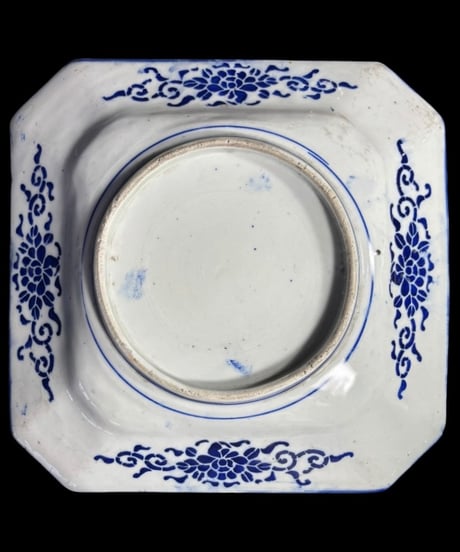 明治期 古伊万里 印判手 八角皿 牡丹 唐子風景図 染付 絵皿 角皿 飾皿 伊万里 時代物 和食器 骨董品 アンティーク