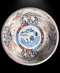 江戸期 古伊万里 大鉢 山水風景文図 錦手 色絵 鉢 取り皿 飾り皿 陶器 時代物 骨董品 アンティーク