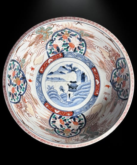 江戸期 古伊万里 大鉢 山水風景文図 錦手 色絵 鉢 取り皿 飾り皿 陶器 時代物 骨董品 アンティーク