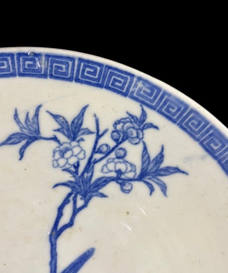 昭和初期 古伊万里 印判皿 染付 梅鳥図 イゲ皿 丸皿 平皿 飾皿 時代物 骨董品 アンティーク
