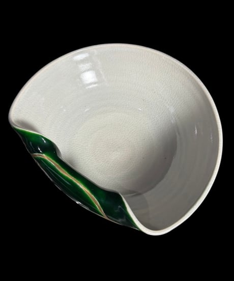 九谷 政山 緑釉 変形鉢 在銘 変形皿 九谷焼 ボウル 飾皿 古美術 和食器 骨董品 アンティーク