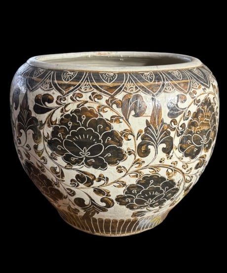 中国古玩 大壺 牡丹文図 中国雑貨 花瓶 花入れ 丸壺 花器 陶器 中国 古美術 時代物 骨董品 アンティーク