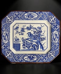 古伊万里 印判 八角皿 鳥梅草花文図 縁起物 藍染 絵皿 角皿 飾皿 時代物 骨董品 アンティーク