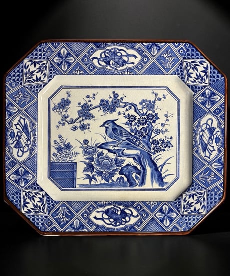 古伊万里 印判 八角皿 鳥梅草花文図 縁起物 藍染 絵皿 角皿 飾皿 時代物 骨董品 アンティーク