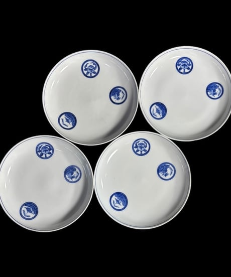 【4客セット】 江戸期 古伊万里 染付 丸紋 小皿 丸皿 銘々皿 和食器 陶器 時代物 骨董品 アンティーク