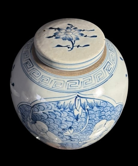 中国磁器 染付 蓋付き壺 青花人物文図 花入れ 花器 丸壺 陶器 中国 古美術 骨董品 アンティーク