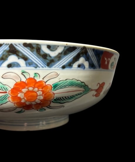 江戸期 古伊万里 色絵 大鉢 鳥蝶草花文図 金継ぎ 染錦 鉢 飾皿 和食器 陶器 時代物 骨董品 アンティーク